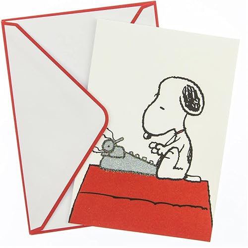 Graphique Peanuts Typewriter Boxed Notecards, 16 Snoopy at Typewriter Cards Embellished with Glitter, with Matching Envelopes and Storage Box, 3.25" x 4.75&#34