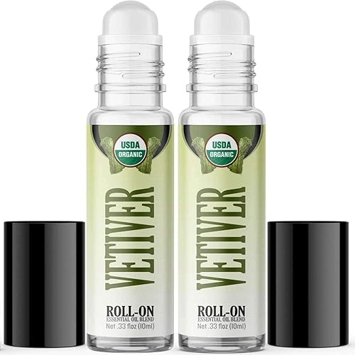 Organic Vetiver Roll On Essential Oil Rollerball 2 Pack - USDA Certified Organic Pre-diluted with Glass Roller Ball for Aromatherapy, Kids, Children, Adults Topical Skin Application - 10ml Bottle