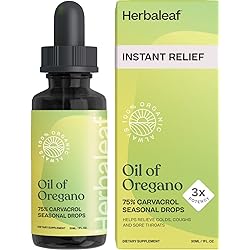 HerbaLeaf Oil of Oregano 3X Potency, Immune Defense, Colds, Coughs, Sore Throats- Gut Support. 1 Fl Oz
