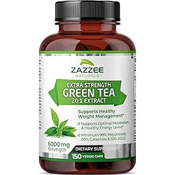Zazzee Extra Strength Green Tea 20:1 Extract, 6000 mg Strength, 150 Vegan Capsules, 50% EGCG, 98% Polyphenols and 80% Catcehins, Potent 20x Extract, Up to 5 Month Supply, Vegan, All-Natural