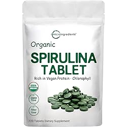 Organic Spirulina Supplement Raw Spirulina Organic Filler Free, 3000MG Per Serving, 720 Tablets 4 Month Supply, Rich in Vegan Protein, Vitamins & Prebiotics, Premium Spirulina Pills Organic