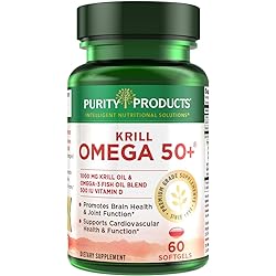 Krill Omega 50 by Purity Products - Krill Fish Oil Blend 1000mg Astaxanthin 500mcg Phospholipids 200mg Vitamin D 500 IU - 60 Mini Softgels
