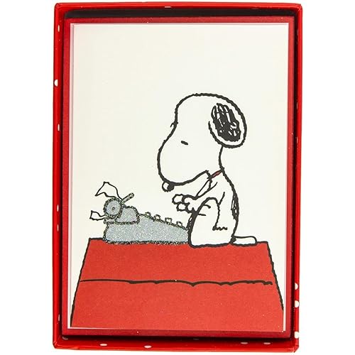 Graphique Peanuts Typewriter Boxed Notecards, 16 Snoopy at Typewriter Cards Embellished with Glitter, with Matching Envelopes and Storage Box, 3.25" x 4.75&#34