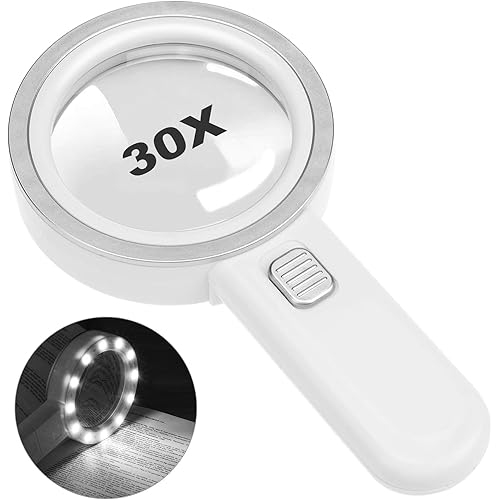 Magnifying Glass with Light,30X Handheld Large Magnifying Glass 12 LED Illuminated Lighted Magnifier for Macular Degeneration, Seniors Reading, Soldering, Inspection, Coins, Jewelry, Exploring