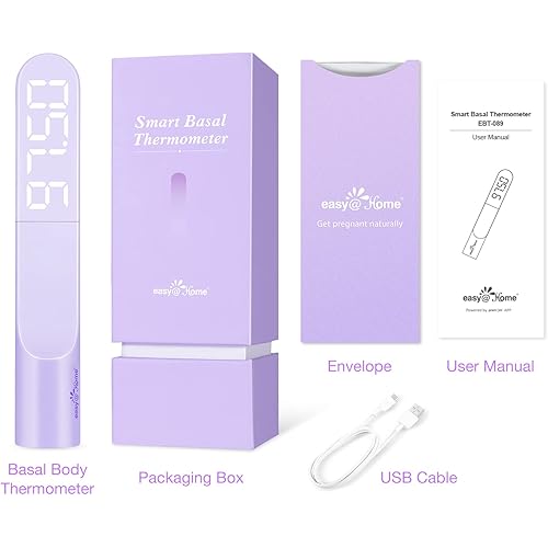 Easy@Home Basal Body Thermometer: Accurate BBT Thermometer for Ovulation - Bluetooth & USB Rechargeable & LED Display - 1100th Degree High Precision and Memory Recall with Premom App - EBT089 Purple