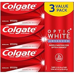 Colgate Optic White Advanced Teeth Whitening Toothpaste with Fluoride, 2% Hydrogen Peroxide, Sparkling White - 3.2 Ounce 3 Pack