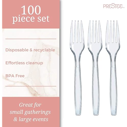 100 Clear Plastic Forks | Heavy Duty Plastic Silverware | Fancy Plastic Cutlery | Elegant Disposable Forks Pack | Bulk Disposable Flatware | Plastic Utensils Set | Disposable Silverware Cutlery