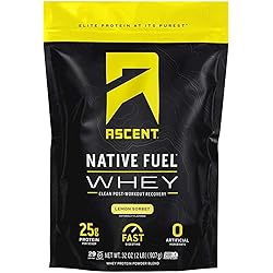 Ascent Native Fuel Whey Protein Powder - Post Workout Whey Protein Isolate, Zero Artificial Ingredients, Soy & Gluten Free, 5.7g BCAA, 2.7g Leucine, Essential Amino Acids, Lemon Sorbet 2 lb