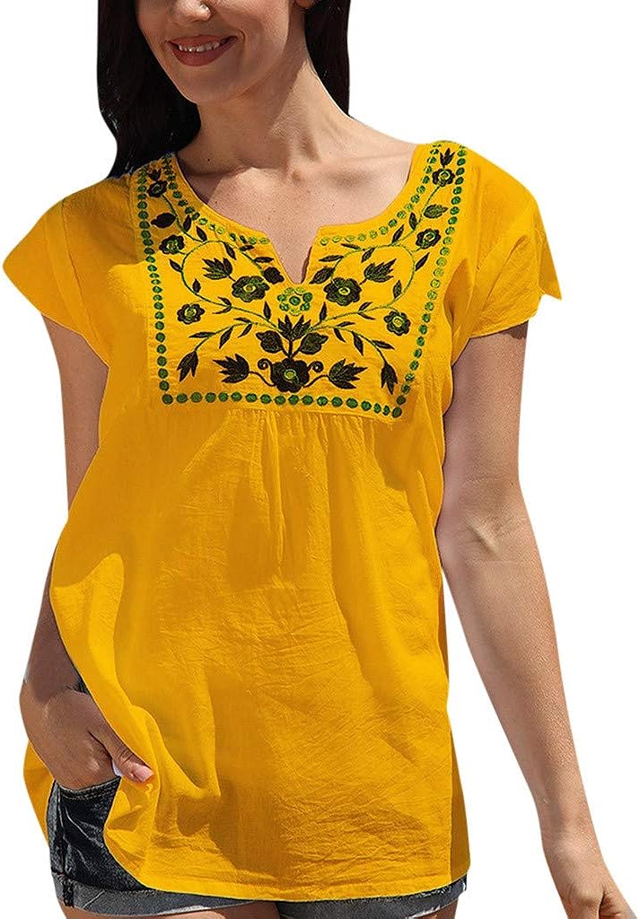 GREFER Vintage Embroidery V-Neck T Shirts - Blouses for Women Fashion 2019 - Tops for Women Casual Summer Plus Size