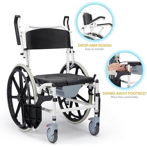 OasisSpace Shower Wheelchair Commode - Rolling Shower and Commode Transport Chair with Wheels, Rolling Shower Chair with Drop-Arms for Inside Shower, Shower Wheelchair for Elderly and Disabled