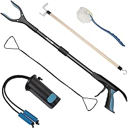 5-Piece Hip Knee Replacement Recovery Kit, 32-inch Foldable Reacher Grabber with Shoehorn, Dressing Aids Stick for Seniors, Sock Aid Device, Leg Lifter, Long Handled Bath Sponge