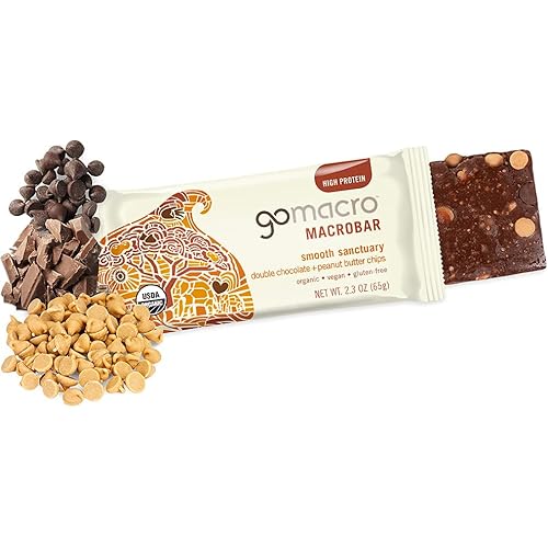 GoMacro MacroBar Organic Vegan Protein Bars - Double Chocolate Peanut Butter Chips 2.3 Ounce Bars, 12 Count