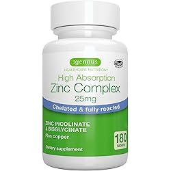 High Absorption Zinc Complex 25mg with Copper, Chelated Zinc Picolinate & Bisglycinate for Immune, Skin and Cellular Health, 180 Tablets, by Igennus