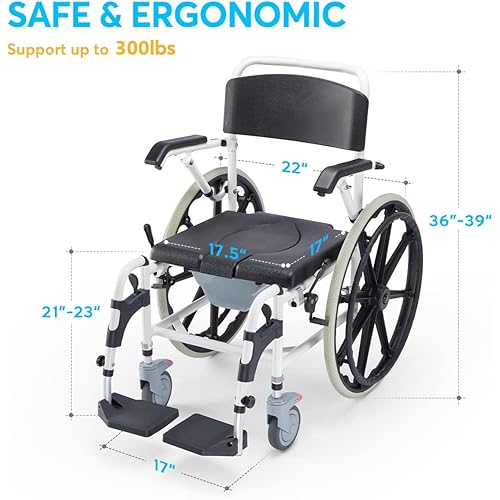 OasisSpace Shower Wheelchair Commode - Rolling Shower and Commode Transport Chair with Wheels, Rolling Shower Chair with Drop-Arms for Inside Shower, Shower Wheelchair for Elderly and Disabled
