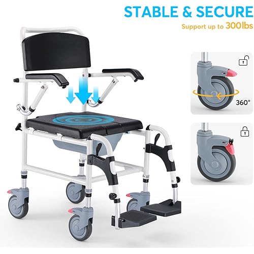 OasisSpace Shower Commode Wheelchair - 300lbs Shower Wheelchair with Foldable Arms and Detachable Bucket, Waterproof Rolling Shower Chair, Antirust Shower Chair with Wheels for Small Shower