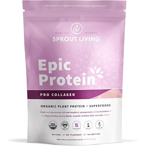 Sprout Living's Epic Protein, Plant Based Protein & Superfoods Powder, Pro Collagen, Berry | 15 Grams Organic Protein Powder, Vegan, Non Dairy, Non-GMO, Gluten Free, Low Sugar 0.7 Pound, 12 Servings