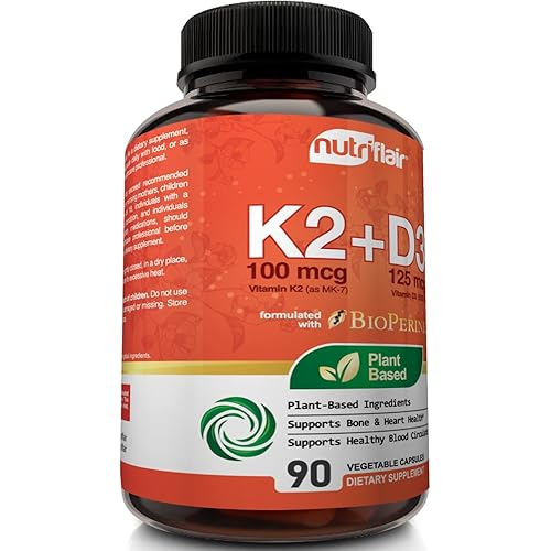 NutriFlair Plant-Based Vitamin K2 as Mk7 with D3 5000iu125mcg Vitamins Plus BioPerine, 90 Capsules