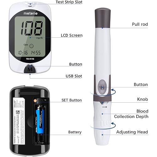 Metene TD-4116 Blood Glucose Monitor Kit, 300 Count Glucometer Test Strips for Diabetes and 100 Count 30 Gauge Lancets, Diabetes Testing Kit with Control Solution, Coding-free Blood Sugar Meter
