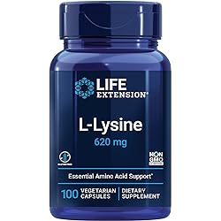 Life Extension L-Lysine 620 mg - For Healthy Nitrogen Balance, Stress Response & Calcuim Metabolism – For Active Lifestyle - Gluten-Free, Non-GMO - 100 Vegetarian Capsules
