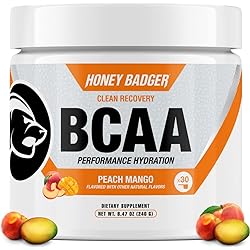 Honey Badger BCAA Amino Acids Powder | Vegan Keto Peach Mango BCAAs EAA for Men & Women | Electrolytes for Hydration & Post-Workout Recovery | Sugar Free & Paleo | 30 Servings