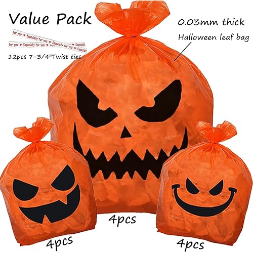 Halloween Pumpkin Leaf Bags Decorationpack of 12-Thicken Pumpkin Trash Bags for Leaves-3 pumpkin expressions4 large 8 small -Pumpkin Lawn Bags with Twist Ties