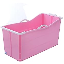 Bathtub Foldable Adult Body Plastic Bath with Non-Slip Handrail Comfortable Headrest Drainage Hole Color : Pink