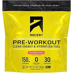 Ascent Pre Workout - Preworkout Powder, Zero Artificial Ingredients, Clean Energy for Men & Women, 150mg Caffeine - Raspberry Lemonade, 30 Servings
