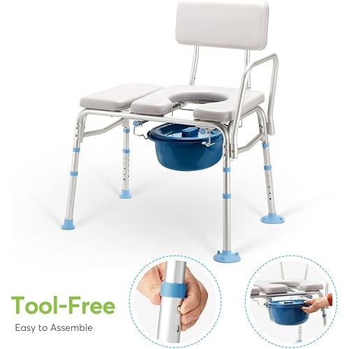 OasisSpace Overbed Table and Bathtub Transfer Bench with Commode Opening, Hospital Bed Table with Holder, Adjustable Over Bedside with Wheels for Hospital and Home Use