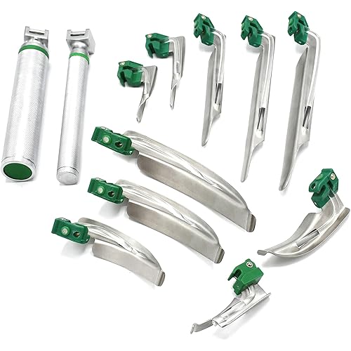 AAProTools Airway Intubation Deluxe Kit - Fiber Optic Set of 12 Blades Straight Curved & 2 Handles Green Cool Light Source, First Responder Kit