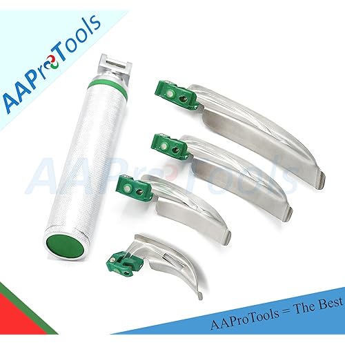 AAProTools Airway Intubation Kit - 4 Curved Blades 1 Handle with Green Cool Light Source 1st Responder kit