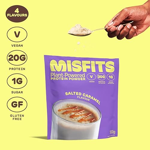 Misfits Vegan Protein Powder, Salted Caramel, 20g Plant Based Protein Shake, Low Calorie, No Added Sugar, Non Dairy, Non GMO, Plastic Free Packaging, 500g