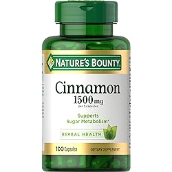 Nature’s Bounty Cinnamon Herbal Supplement, Supports Sugar Metabolism, 1500mg Capsules, 100 Count