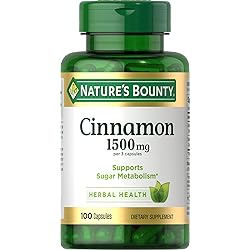 Nature’s Bounty Cinnamon Herbal Supplement, Supports Sugar Metabolism, 1500mg Capsules, 100 Count