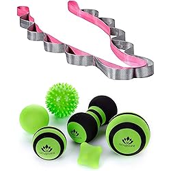 Acupoint Massage Ball Set - 6 Physical Balls for Post Workout Acupoint Yoga Stretching Strap with Loops - 12- Loop Exercise Strap for Physical Therapy, Pink