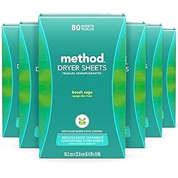 Method Dryer Sheets, Fabric Softener and Static Reducer, Compostable and Plant-Based Laundry Essentials, Beach Sage Scent, 80 Sheets per Box, 6 Pack 480 Total Sheets, Packaging May Vary