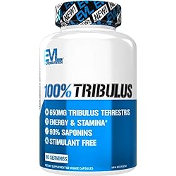 Evlution Nutrition 100% Pure Tribulus Terrestris Extract - Maximum Potency 90% Steroidal Saponins, Testosterone Booster and Estrogen Blocker Support - 60 Capsules