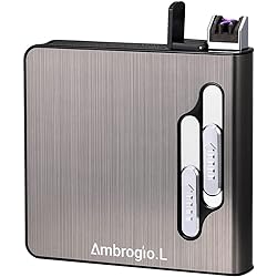 Ambrogio.L Full Pack 20 Regular Cigarettes Case Box Automatic Ejection Holder with Dual Arc Lighter USB Rechargeable, Flameless, Windproof,Moisture-Proof,Black
