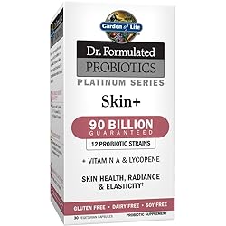 Garden of Life Dr. Formulated Platinum Series Skin 90 Billion CFU , 12 Probiotic Strains Vitamin A & Lycopene for Skin Health, Radiance & Elasticity, Vegetarian Supplement, 30 Capsules