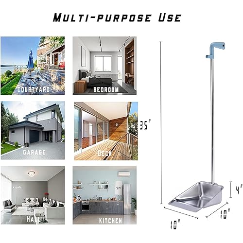 YONILL Dust Pans with Long Handle - Metal Upright Dustpan Heavy Duty, 35" Long Handled Stand Up Dustpans for Lobby, Garage, Home and Yard Dust Pan Only