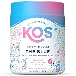KOS Natural Pre Workout Powder - Blue Raspberry Flavored Blue Spirulina Blend - 70 mg Organic Caffeine, Ginseng, Cordyceps