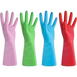 URBANSEASONS Dishwashing Rubber Gloves for Cleaning – 4 Pairs Household Gloves Including Blue, Pink, Green and Red, Non Latex and Fit Your Hands Well, Great Kitchen Tools