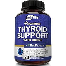 Thyroid Support Complex with Iodine and BioPerine - 120 Capsules - Energy & Focus Supplement Formula for Women and Men, Boosts Brain Function & Metabolism, Concentration - Pills with B12, Ashwagandha