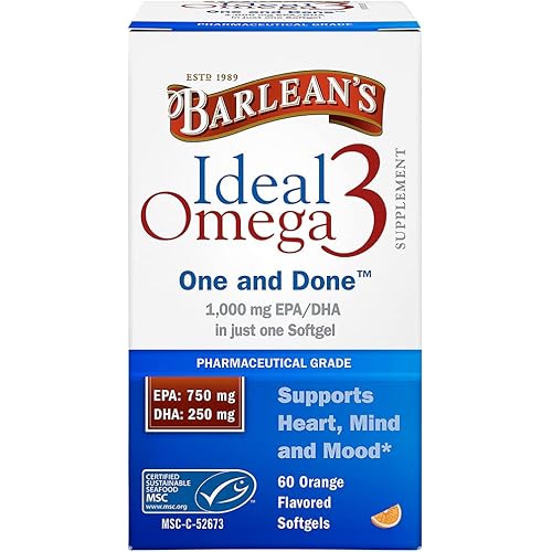 Barlean's Ideal Omega 3 Fish Oil Supplements with 1,000mg EPADHA for Heart, Mind, and Mood - Pharmaceutical Grade, Certified Sustainable, Orange Flavor - 60 Softgels