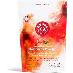 Qumba Kombucha Prebiotic and Probiotic Powder Supplement - Digestive Enzymes, Gut Health, Ready-to-Mix, Green Tea & Apple Cider Vinegar, Hibiscus Blood Orange Flavor - 20 Servings