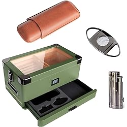 Military Glass Top Humidor Matte Green with Front Digital Hygrometer with Lighter, Cutter and Travel Case