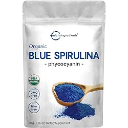 Organic Blue Spirulina Powder Phycocyanin Extract, No Fishy Smell, 100% Vegan Protein from Blue-Green Algae, Natural Luminous Blue Food Coloring for Smoothies, Baking, Drinks & Cooking - 50 Servings