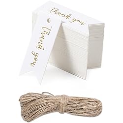 SAVITA 100pcs Mini Thank You Gift Tags with String, Exquisite Paper Gift Tags with Holes Hang Tags with String Attached for Craftwork Wedding Birthday Thanksgiving Anniversary 2''0.75''