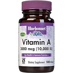 Bluebonnet Nutrition Vitamin A 10,000 IU from Deep Sea, Cold Water, Fish Oil - For Eye Health & Immune Function - Gluten Free - Dairy Free - Molecularly Distilled - 100 Softgels - 100 Servings