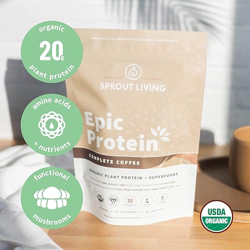 Sprout Living, Epic Protein, Plant Based Protein & Superfoods Powder, Complete Coffee | 20 Grams Organic Protein Powder, Adaptogens, Mushrooms, Vegan, Non-GMO, Gluten Free 1 Pound, 12 Servings