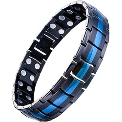 Feraco Magnetic Bracelets for Men Pain Relief Titanium Steel Double Row Strong Magnets Bracelet with Unique Blue Line, Adjustable Bracelet